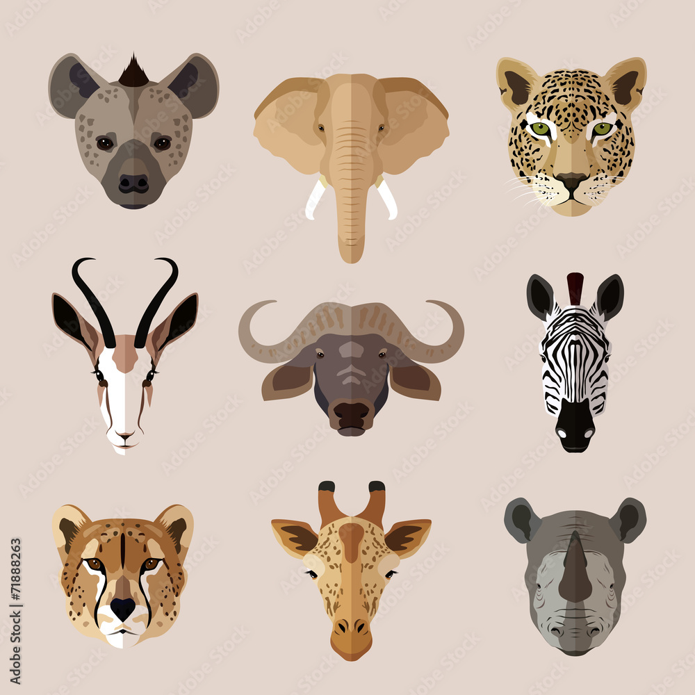 Naklejka premium Animal portrait flat icon set