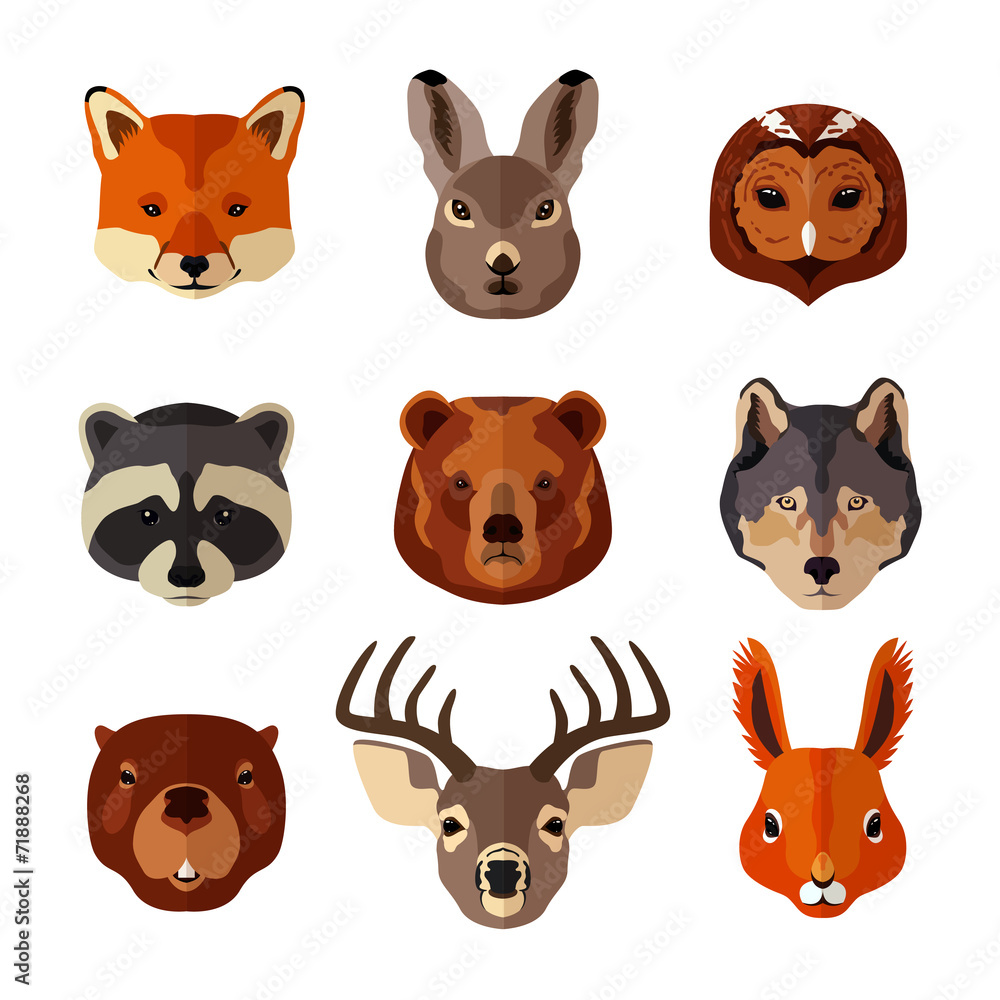 Animal portrait flat icon set