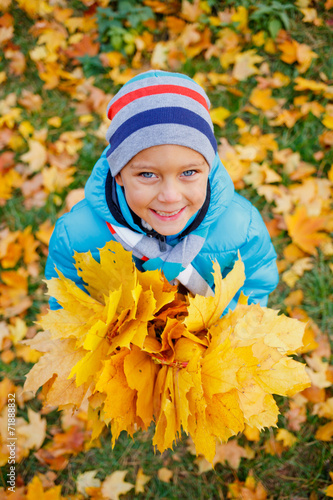 Cute boy with autumn leaves