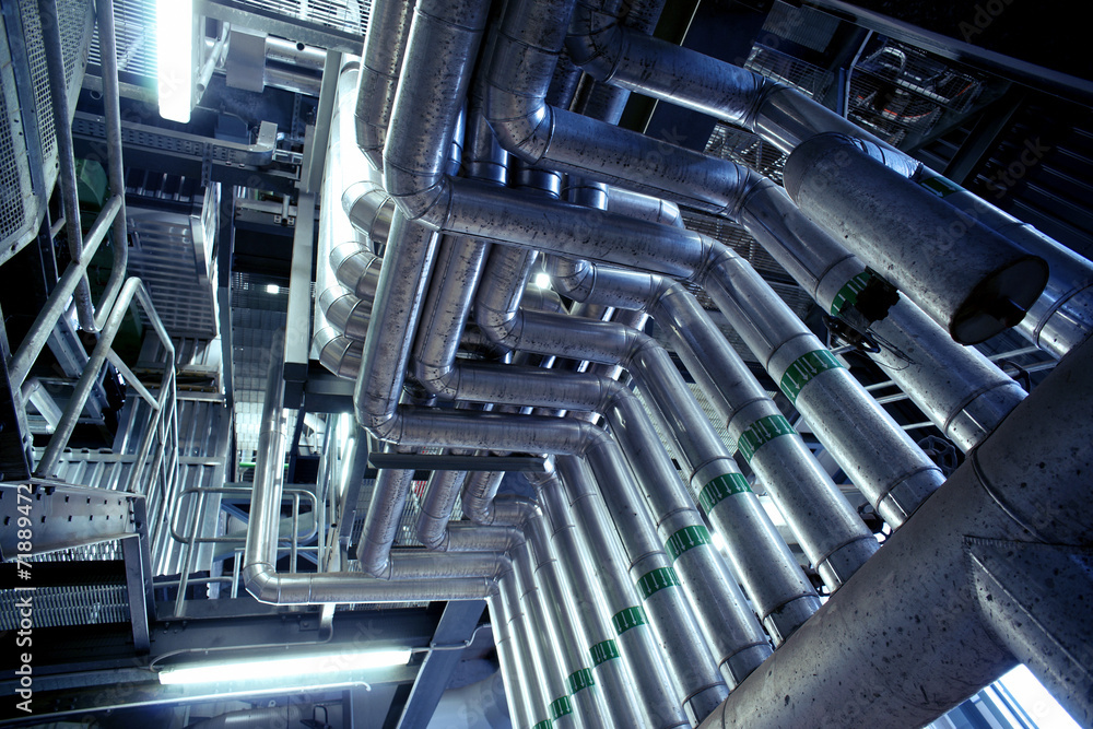 Industrial zone, Steel pipelines in blue tones Industrial zone, Steel pipelines in blue tones