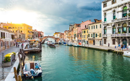 View of Canal in Venice at  sunset  Italy - Stock Image