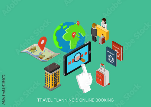 Flat 3d isometric concept vector web infographic online booking
