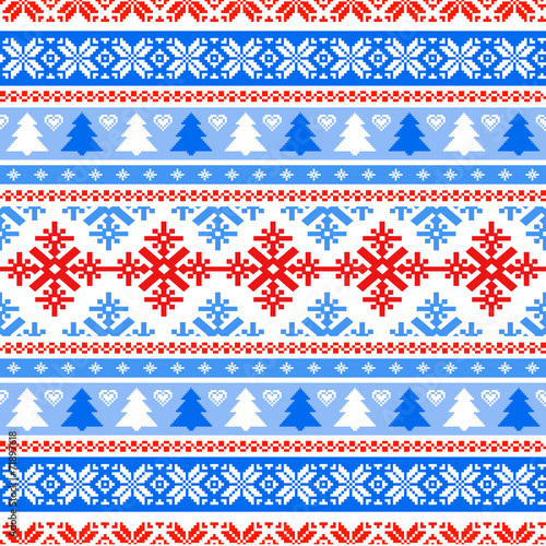 Traditional knitted background with Christmas trees and snowflak