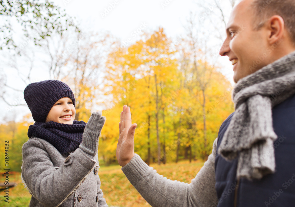 happy father and son making high five in park happy father and son making high five in park