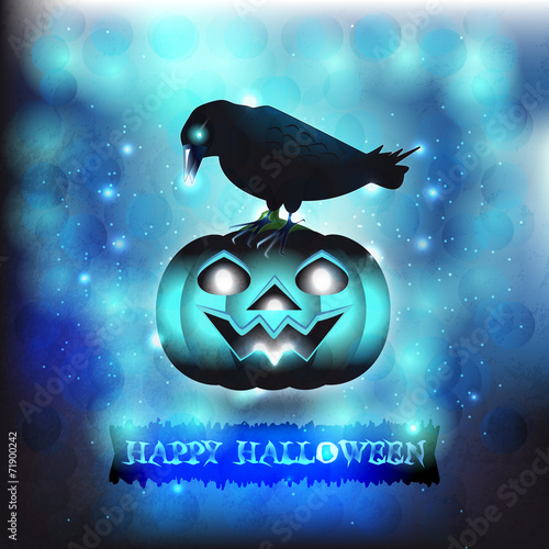 Black bird and Halloween pumpkin