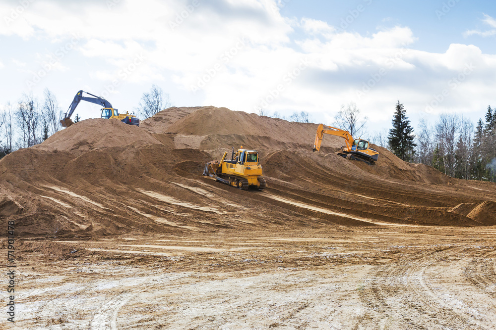 Yellow Excavator and bulldozer at Work in forest Yellow Excavator and bulldozer at Work in forest
