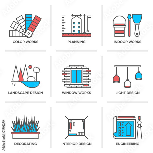 Interior and landscape design line icons set