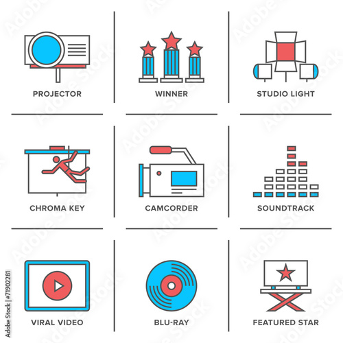 Movies production line icons set