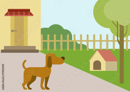 Dog courtyard doghouse flat design cartoon vector animals pets