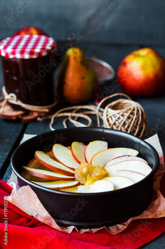 process of making apple tart with pear jam and caramel
