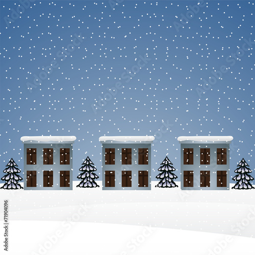 Winter landscape with houses and Christmas trees