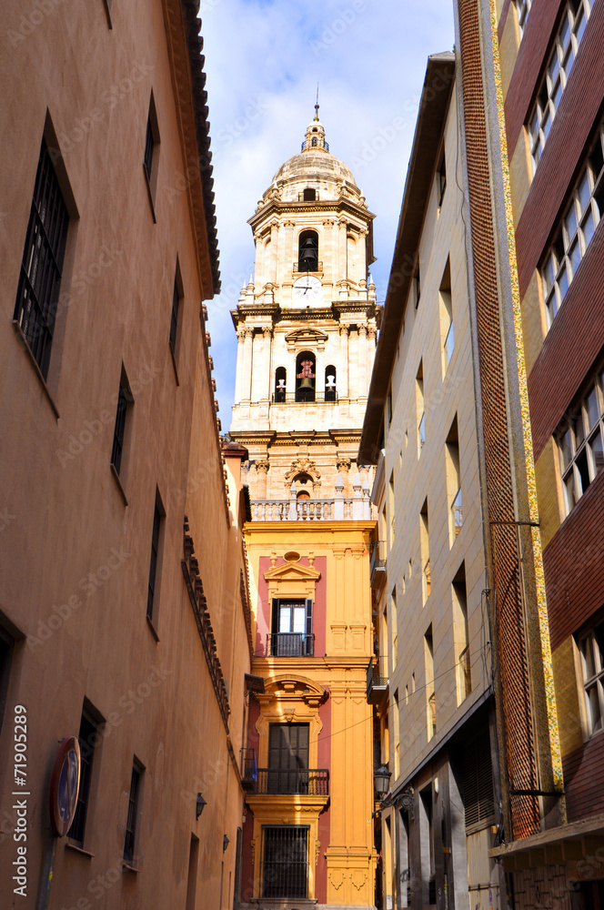 Fototapeta premium MALAGA - JUNE 12: City street view with cafeteria terraces and s