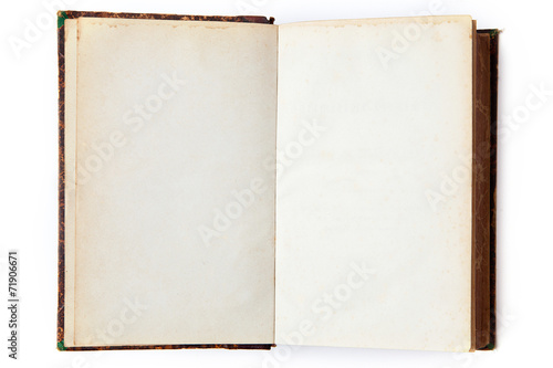 Open old book with blank pages isolated on white.