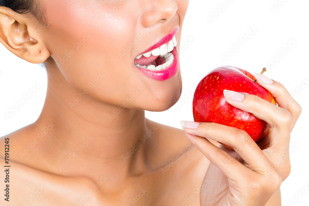 Asian woman eating apple and living healthy Asian woman eating apple and living healthy