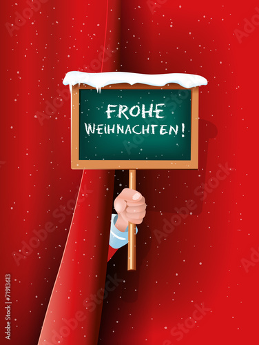 Weihnachtsmann Hand hält Schild Frohe Weihnachten