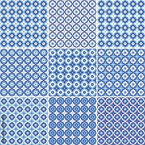 Set of seamless pattern white  blue ceramic tile