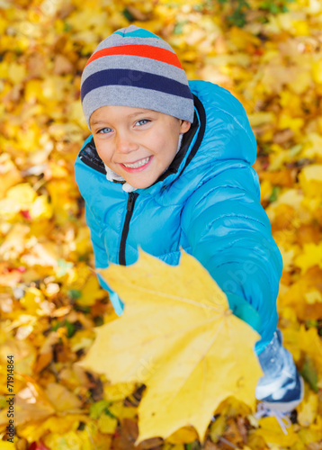 Cute boy with autumn leaves