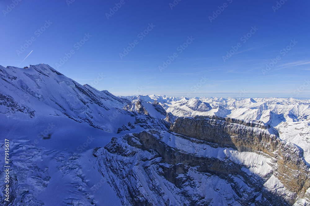 Coomb, wall and peak in Jungfrau region helicopter view in winte