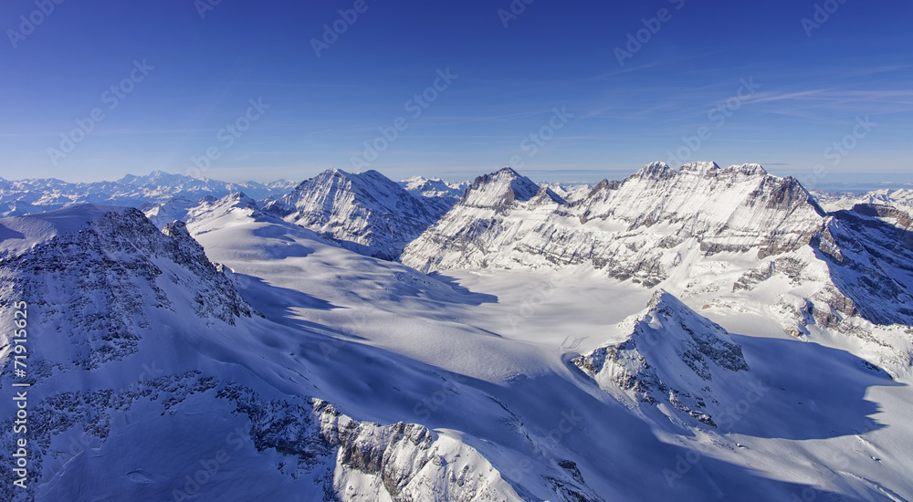 Ice flow Valley in Jungfrau region helicopter view in winter