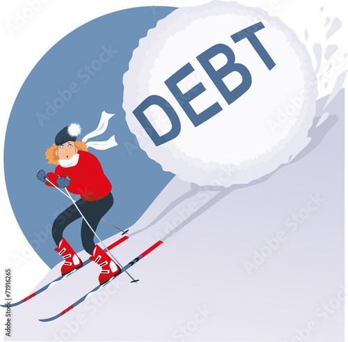 Woman running on skis from avalanche of debt