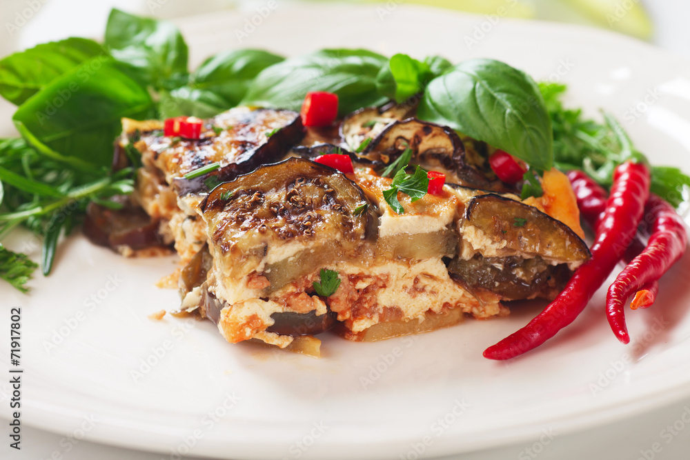 Greek moussaka with eggplant and minced meat