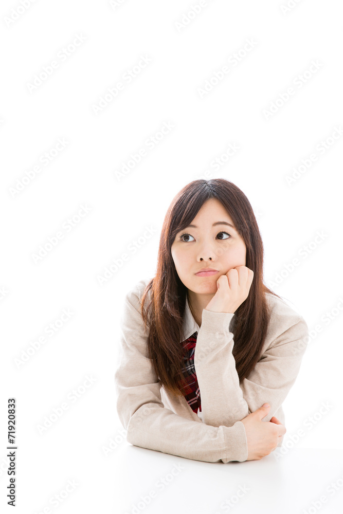 young asian woman thinking on white background young asian woman thinking on white background