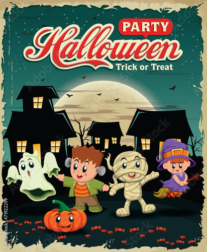 Vintage Halloween poster design with kids in costume