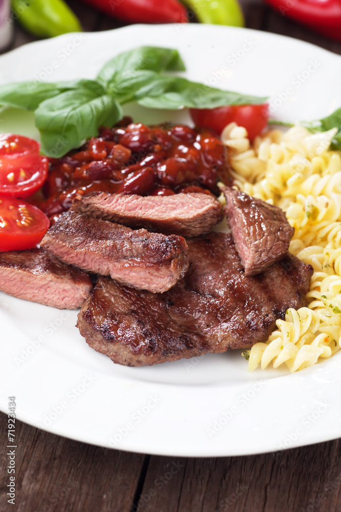 Beef steak with pasta and red beans Beef steak with pasta and red beans