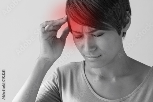 sick woman with pain, headache, migraine, stress photo