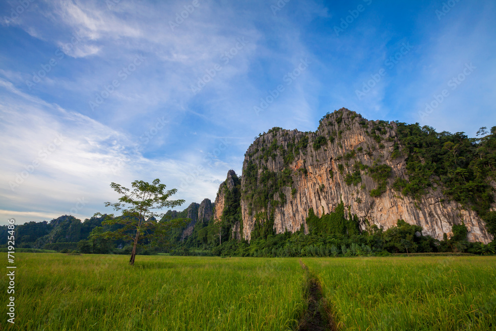 Landscape. Mountain with green rice field and blue sky in Phitsa Landscape. Mountain with green rice field and blue sky in Phitsa