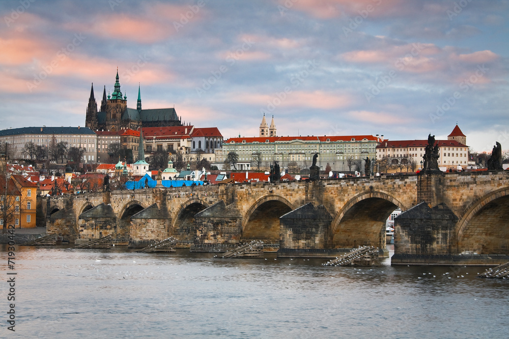 Evening view of Charles Bridge in Prague.