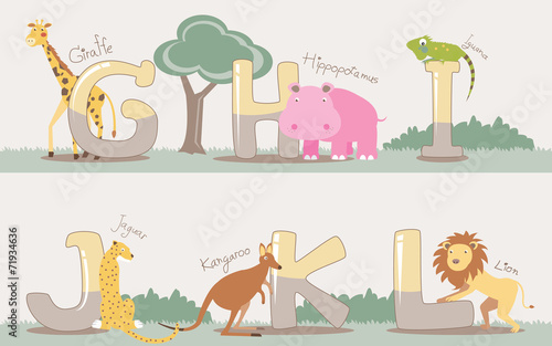 Vector alphabet set from G to L with cute animals