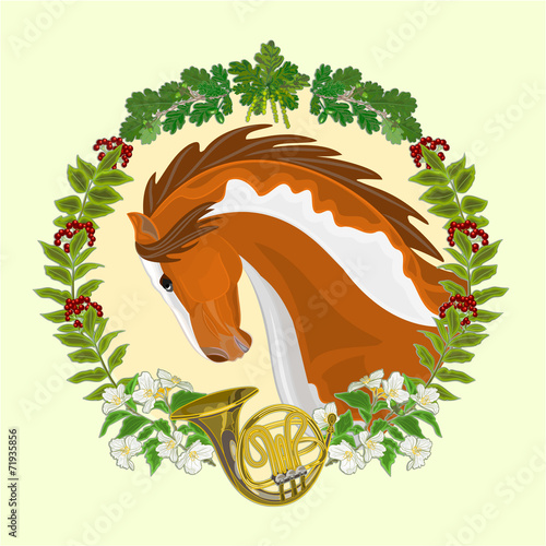 Piebald horse head of stallion hunting theme vector