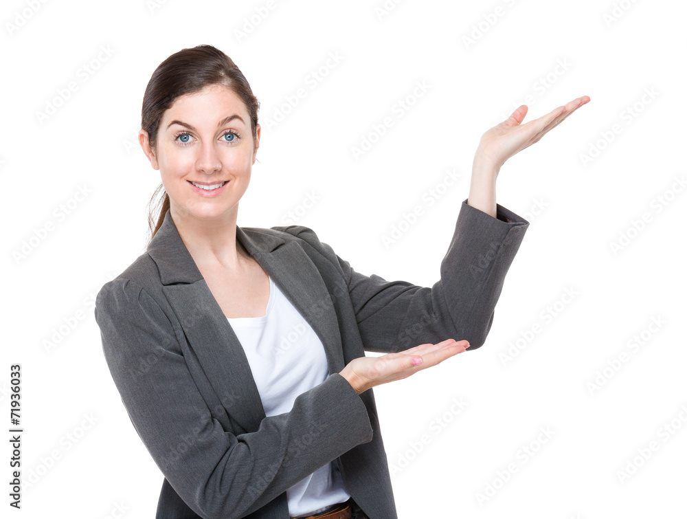 Businesswoman with two hand presentation Businesswoman with two hand presentation
