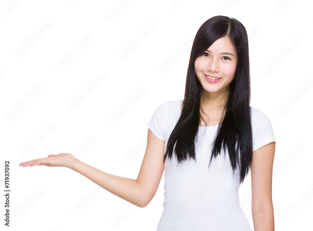 Woman with hand show with blank sign Woman with hand show with blank sign