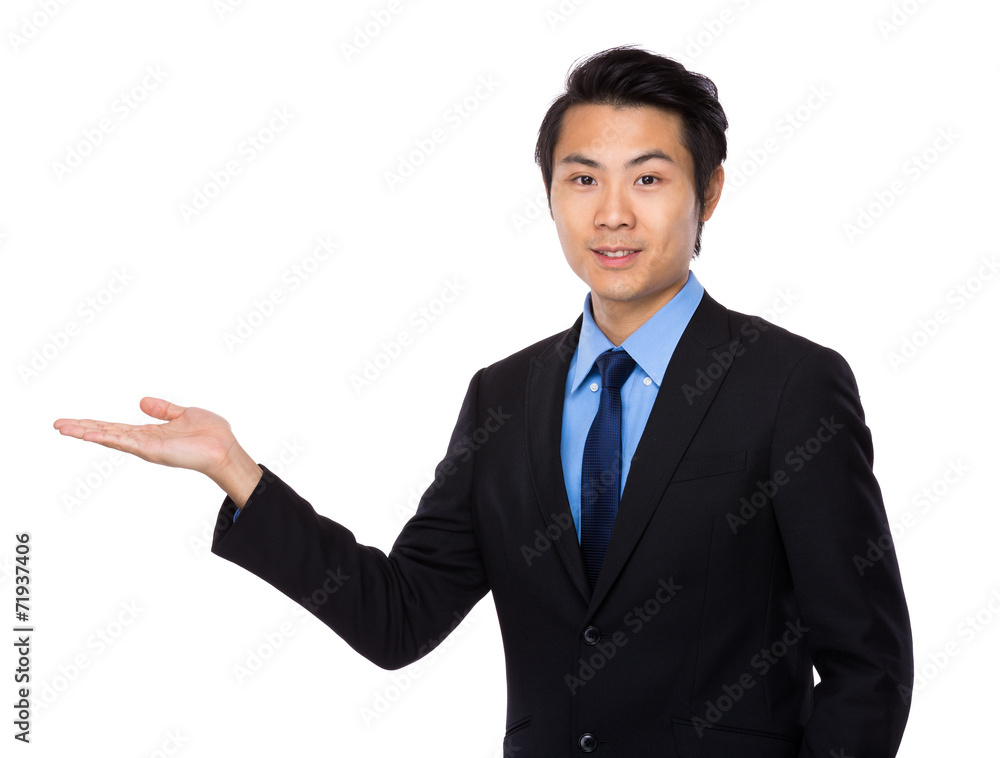 Businessman with hand show with blank sign Businessman with hand show with blank sign