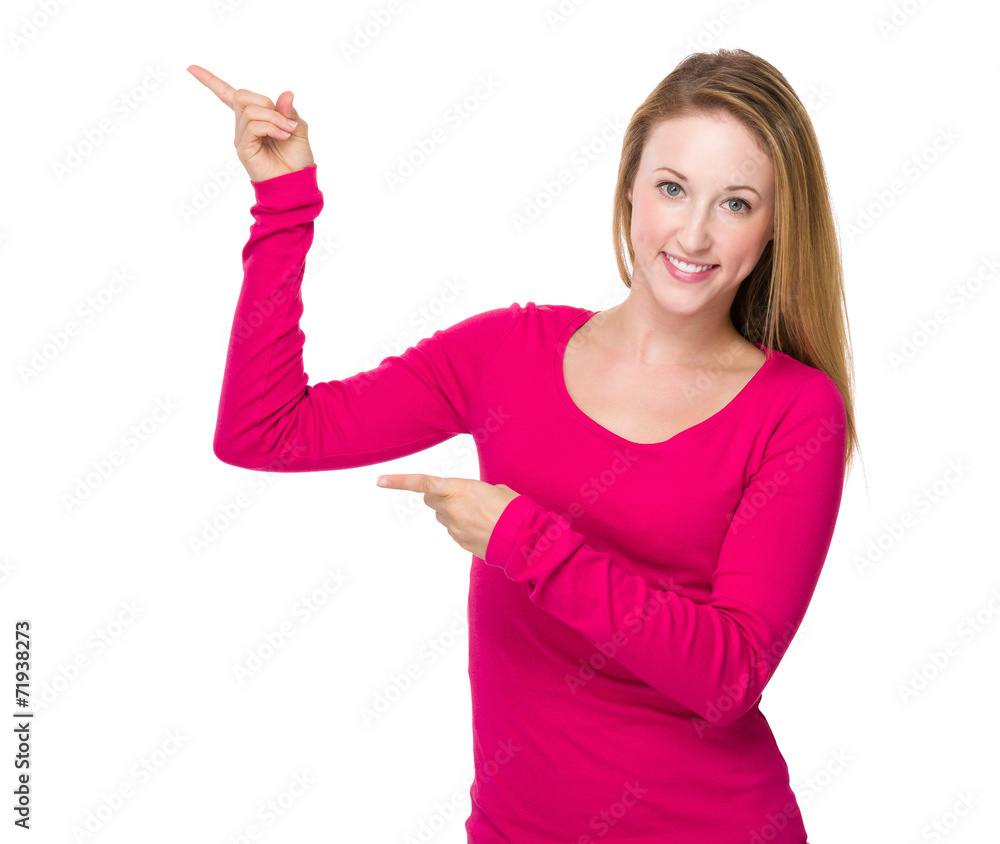 Woman with two finger point aside Woman with two finger point aside