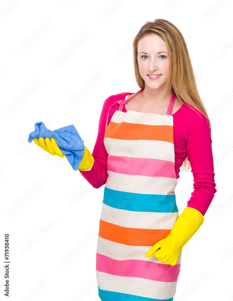 Housewife with kitchen gloves and use towel Housewife with kitchen gloves and use towel