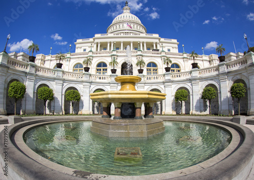Fisheye photo of Capitol building with fountain, Washington