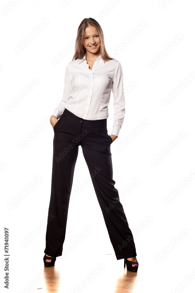 young business woman with long hair posing on white young business woman with long hair posing on white