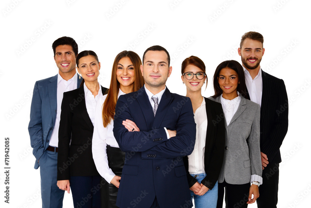 Happy man leading his happy team over white background Happy man leading his happy team over white background