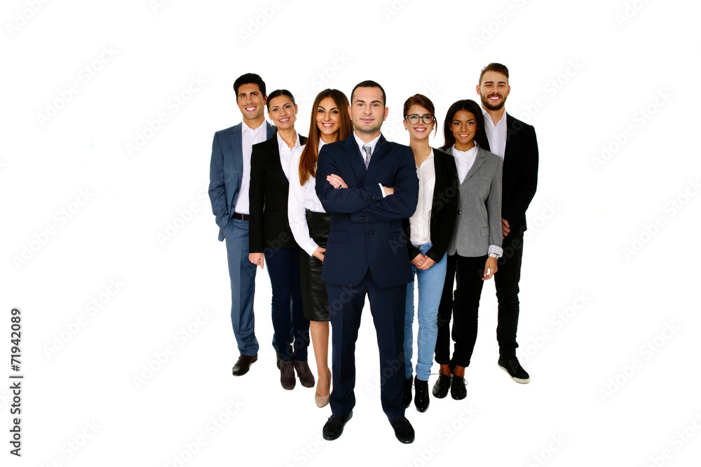 Smiling man leading his happy team over white background Smiling man leading his happy team over white background