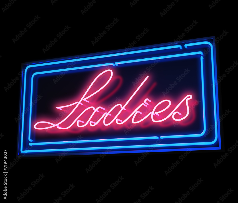 Ladies neon sign illuminated over dark background