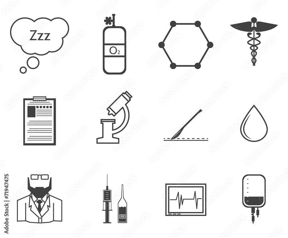 Black vector icons for anesthesiology