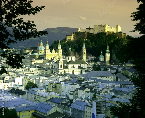 Salzburg and Fortress Hohensalzburg at sunset, Austria photo