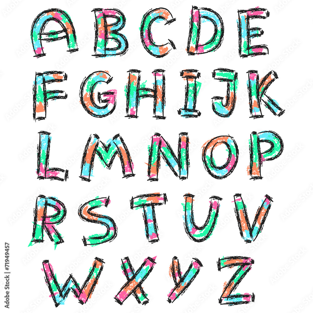 color english alphabet in doodle style