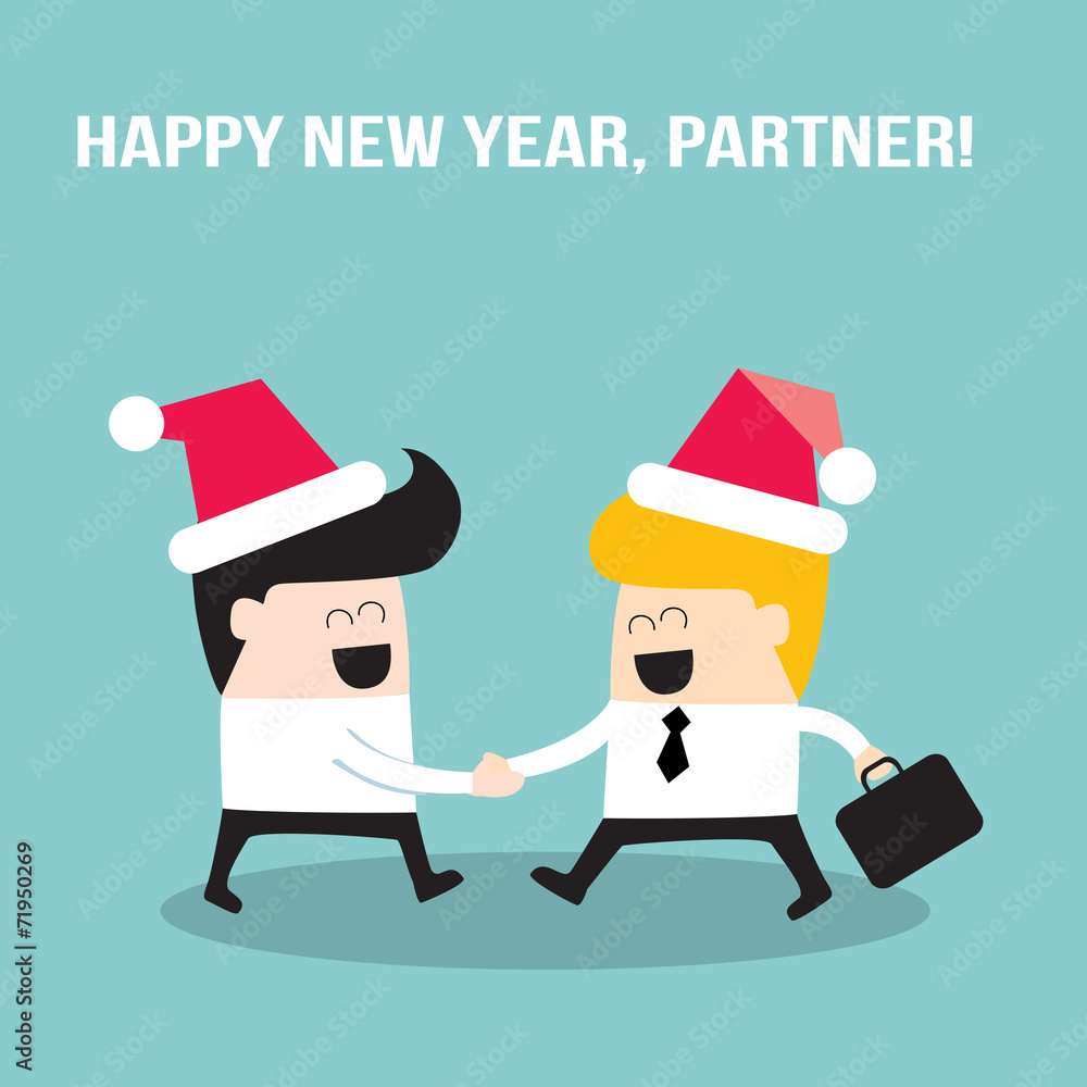 Happy businessmen people shaking hands  in Santa Claus hats