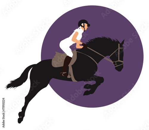 Horse and rider jumping on purple background. Vector EPS10