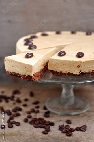 Coffee mousse cake, selective focus