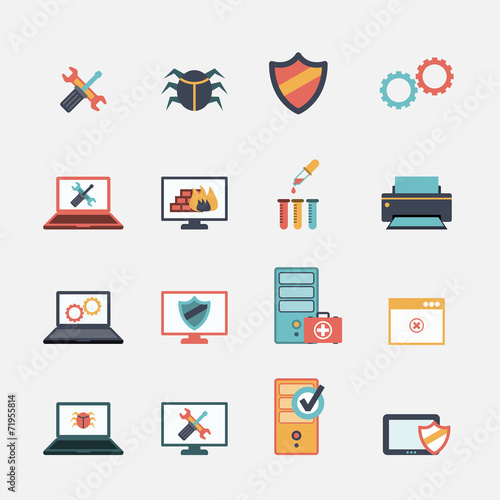 Computer repair flat icons set
